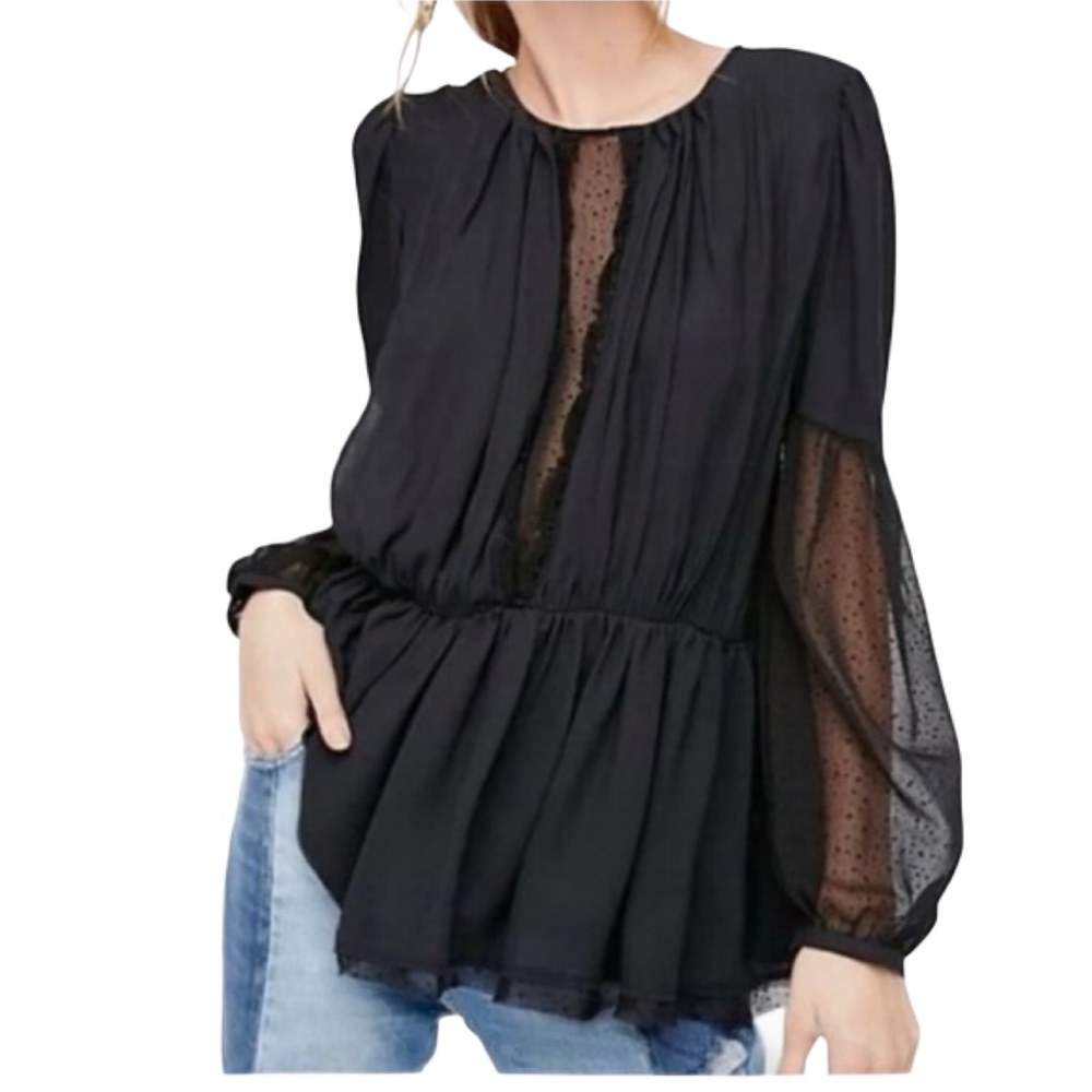 Free People Soul Serene Black Sheer Sleeve Peasant Top